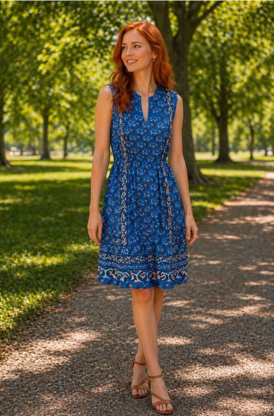 J CREW Silk Twill Blue Fit N Flare Sleeveless Scarf Print Dress Womens Size 8 M